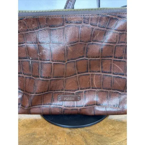Fossil Brown Leather Pattern Small Crossbody Handbag Adjustable Strap #1662 - Picture 4 of 7